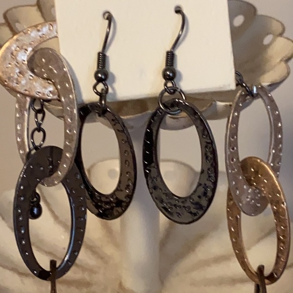 TriTone Textured Link Necklace & Earring Set Bronze Silver and Gold Tone New - Picture 3 of 6